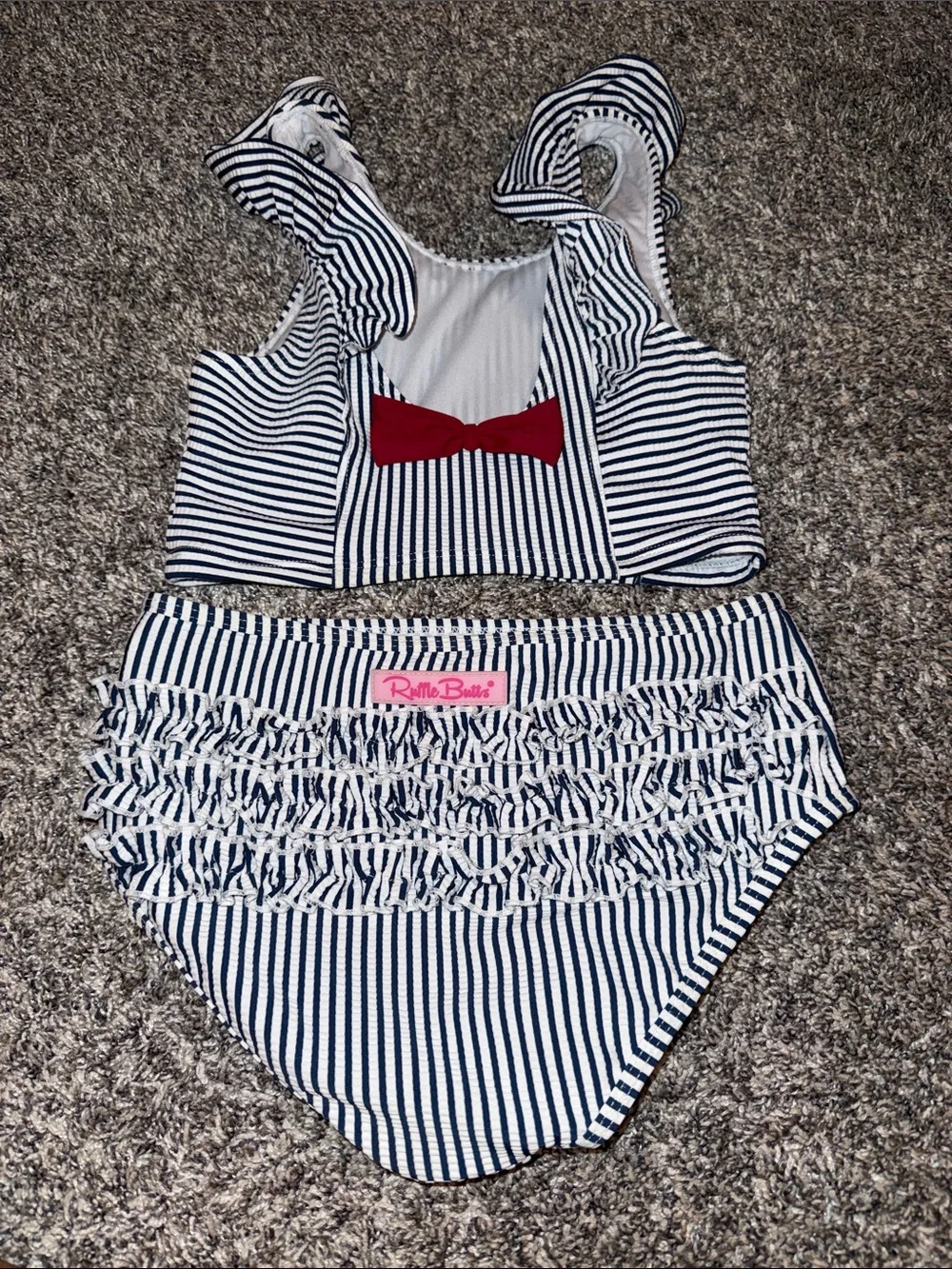Girls Striped Ruffle Butts  Bikini Set - Navy and White size 10